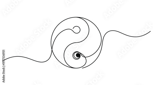 Elegant continuous line drawing of a yin yang symbol with flowing waves representing balance and harmony in nature and life