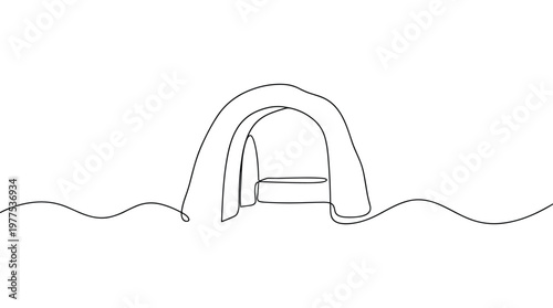 Minimalist cave entrance abstract line art drawing with wavy water below representing a journey or exploration