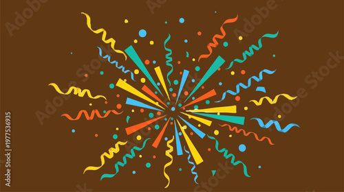 Festive colorful confetti explosion on brown background, vibrant party streamers and firework burst vector, celebratory holiday decoration graphic
