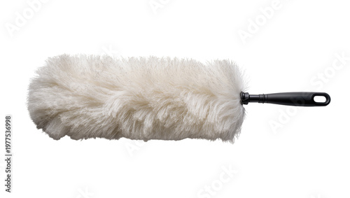 Foto Isolated fluffy white duster with a black handle, a common household cleaning to