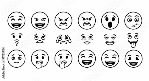 Collection of Diverse Emoji Faces Expressing Various Emotions and Reactions.