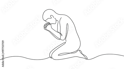 Minimalist line art drawing of a person kneeling in prayer or meditation with hands clasped in front of face.
