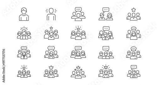 A collection of simple line icons illustrating various group interactions and communication scenarios