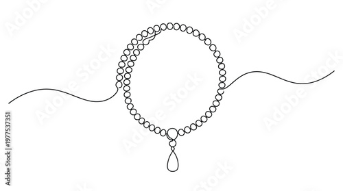 Elegant pearl necklace with a teardrop pendant and flowing threads on a white background
