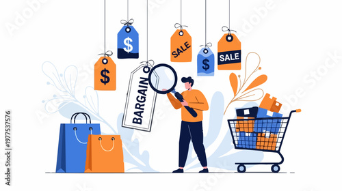 Smart shopping concept with man looking for bargains, customer searching for discounts and sales, retail marketing vector illustration with shopping bags