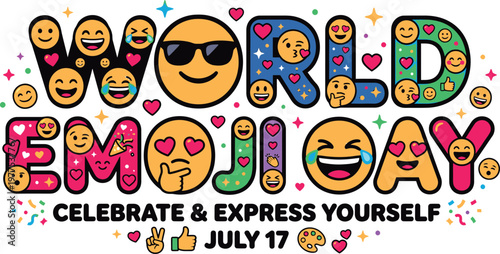 World emoji day celebrate & express yourself july 17 with celebrate yourself sunglasses illustration communication emotions internet