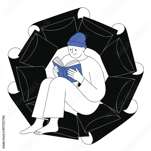 Cozy reading concept A peaceful individual comfortably absorbed in literature, embodying quiet contemplation and personal intellectual growth