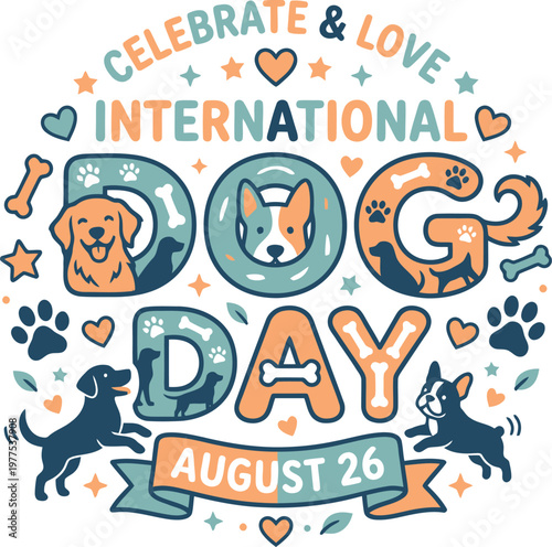 International dog day illustration with happy dogs and paw prints dog lover animal rescue pet care dog owner dog breed golden retriever french bulldog animal welfare paw print dog bone