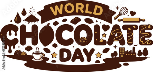 World chocolate day illustration with melting chocolate and baking elements hot chocolate sweet tooth dessert lover chocolate bar food art sweet treat food industry chocolate confectionery