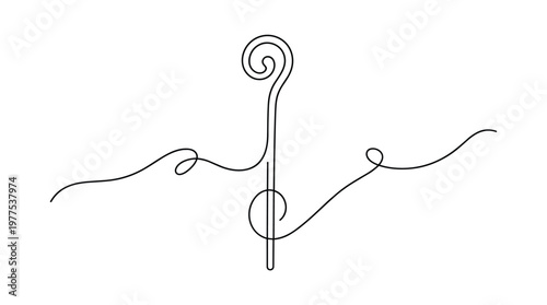 Elegant single line drawing of a shepherd's crook with swirling decorative elements on a white background