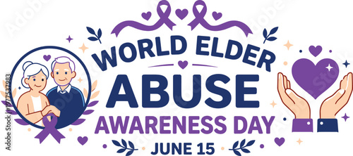 World elder abuse awareness day with elderly couple and helping hands social issue protection prevention humanitarian illustration awareness