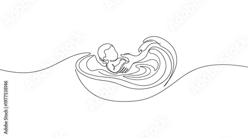 Minimalist single line drawing of a newborn baby gently floating in a stylized water bath symbolizing purity and new beginnings