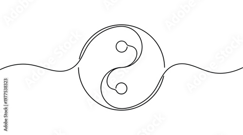 Abstract yin yang symbol continuous line art representing balance harmony duality and philosophy on white background