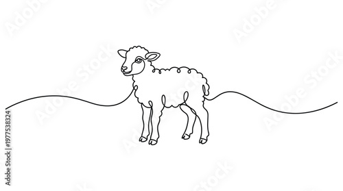 Minimalist single line drawing of a cute lamb standing on a wavy ground line, representing innocence and simplicity