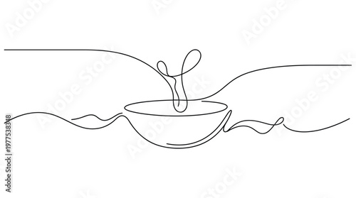 Minimalist single line drawing of a steaming bowl of soup or broth with abstract wavy lines representing steam and background