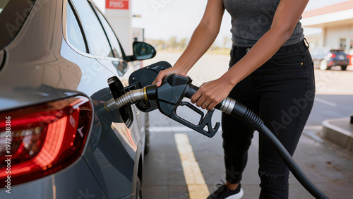 Schilderij op canvas woman is refueling a car,
A driver is filling up the vehicle,
The scene shows a