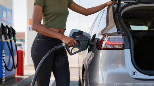 Foto woman is refueling a car,
A driver is filling up the vehicle,
The scene shows a