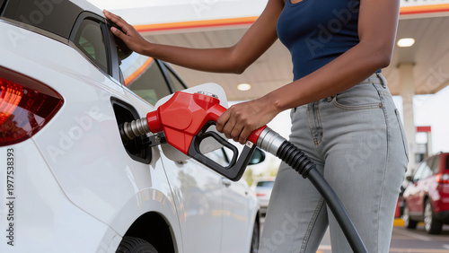 Foto woman is refueling a car,
A driver is filling up the vehicle,
The scene shows a