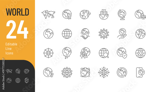World Line Editable Icons set. Vector illustration in a modern thin line style of Earth related icons: map, ecology, population, and more. Isolated on transparent background.
