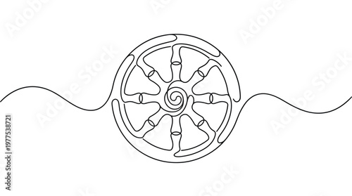 Dharma Wheel Symbol Continuous Line Art Buddhist Symbol of Dharma and Enlightenment