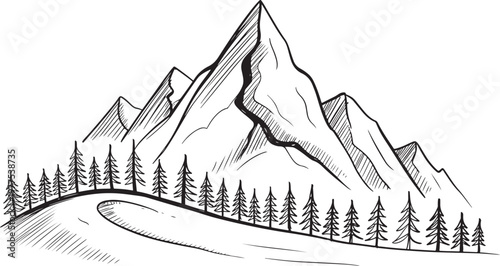 Mountain landscape line art nature scenery peak forest minimalist illustration