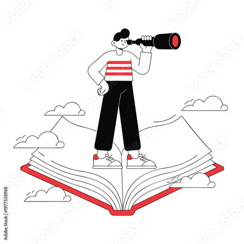 Visionary individual on an open book explores future horizons through a telescope, symbolizing knowledge discovery