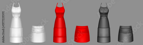 Chef aprons, black, red, white uniform on hangers