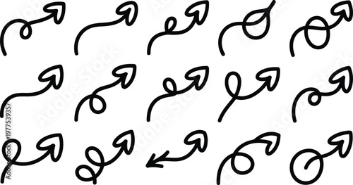Hand drawn curved arrows pointing in different directions on white background