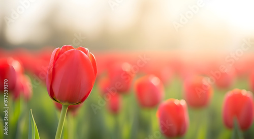 Red tulip flower in field at sunrise bloom beauty nature spring garden outdoor floral.