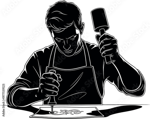 Intricate black and white sketch of a sculptor intensely focused on crafting a bust from stone