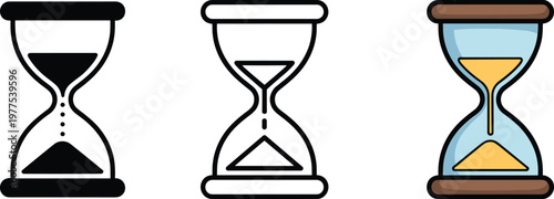 Hourglass vector set featuring black silhouette line art and colorful flat design icons for time management and deadline concepts