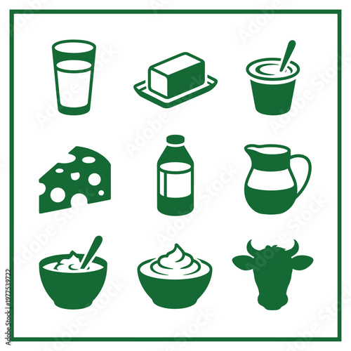 Various dairy products and their packaging forms illustrated in green