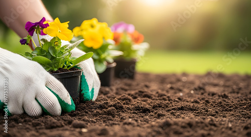 Gardener planting colorful flowers in rich dark soil close up.
