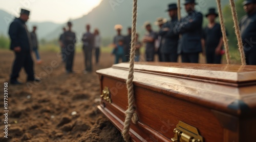 Funeral workers carefully lowering a wooden coffin into a burial plot during an outdoor ceremony, with grieving mourners in background 
