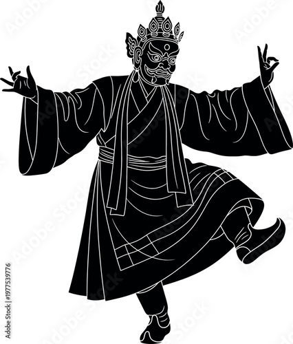 Fotografi Black silhouette of a traditional tibetan dancer in elaborate costume
