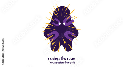 Abstract purple creature, reading the room, emotive illustration, vector icon