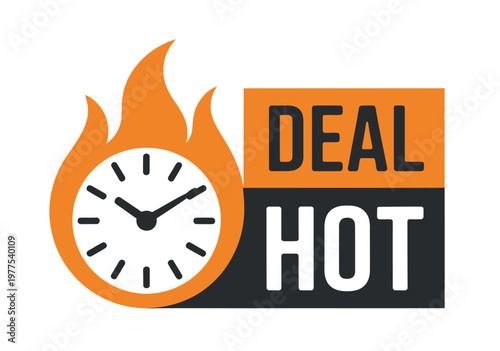 Clock icon inside flame with bold HOT DEAL text, symbolizing urgency, limited time offer, flash sale promotion, and time sensitive discount concept, modern vector illustration for marketing banners