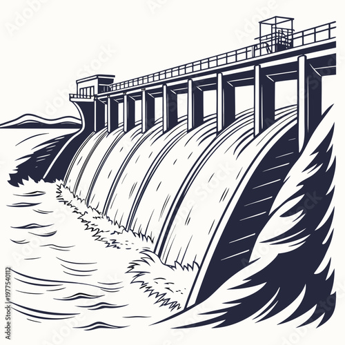 A detailed black and white illustration depicts a large concrete dam with flowing water showcasing engineering and hydroelectric power high quality professional
