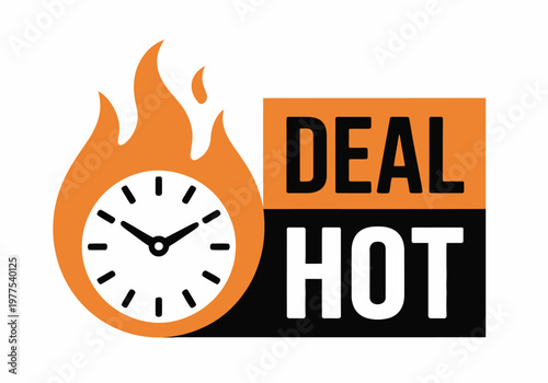 Clock icon inside flame with bold HOT DEAL text, symbolizing urgency, limited time offer, flash sale promotion, and time sensitive discount concept, modern vector illustration for marketing banners