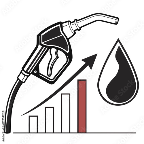 A stylized illustration depicts a gas pump nozzle alongside a rising bar graph and a falling oil drop high quality professional detailed
