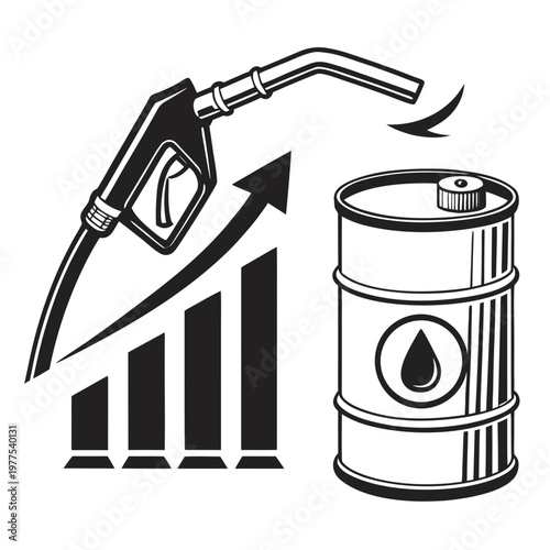 This black and white illustration depicts a rising graph alongside a fuel nozzle and oil barrel symbolizing increasing energy prices high quality