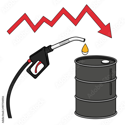 A visual representation depicts a descending graph alongside a fuel pump and oil barrel illustrating falling oil prices high quality professional detailed