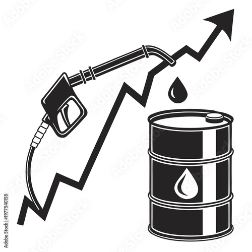 A black and white illustration depicts rising fuel prices symbolized by a gas pump nozzle and increasing graph line above oil