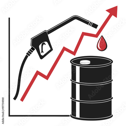 This graphic depicts a rising trend in fuel prices symbolized by a gas pump nozzle alongside an increasing graph and oil droplet