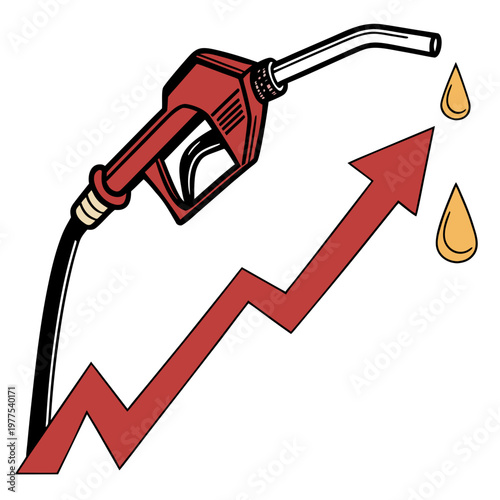 An illustration depicts a red gas pump nozzle above a sharply rising red arrow symbolizing increasing fuel prices and economic concerns