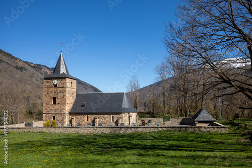 Obraz na płótnie View of the church of Saint Vincent of Genos, in the French Pyrenees, Midi-Pyren