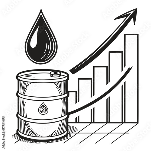 A black and white illustration depicts an oil barrel alongside a rising graph symbolizing increasing oil prices and market trends high quality