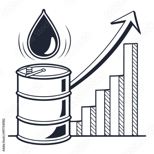 A graphic illustration depicts a rising bar graph alongside an oil barrel and a single falling drop symbolizing energy price increases