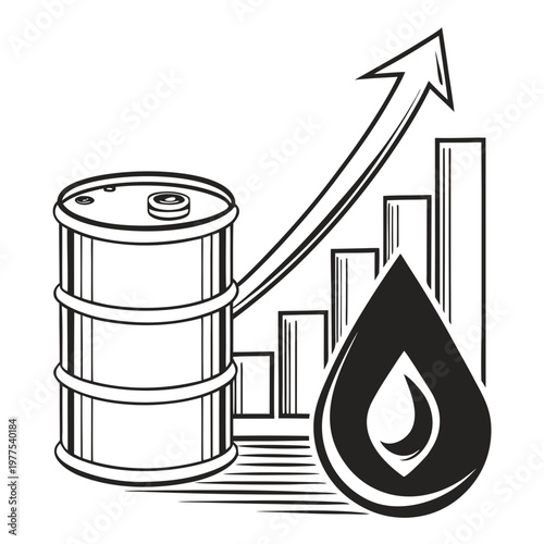 A graphic illustration depicts an oil barrel alongside a rising graph and a droplet symbolizing increasing oil prices and energy high quality