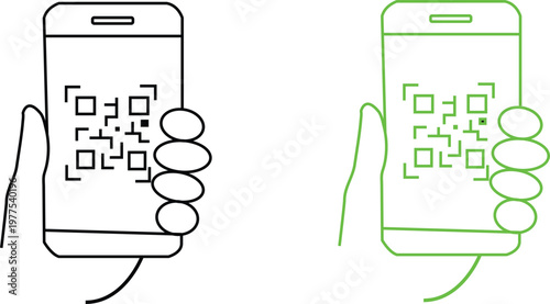Two hands holding smartphones with QR codes on screen in black and green lines isolated on transparent background